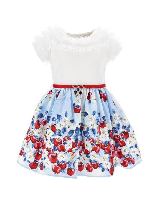 Cotton dress with cherry print ruffles