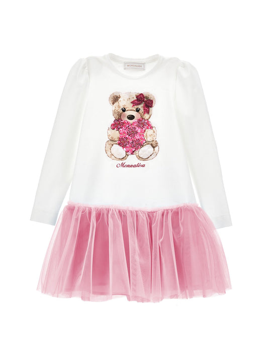 Cotton and tulle dress with teddy bear print