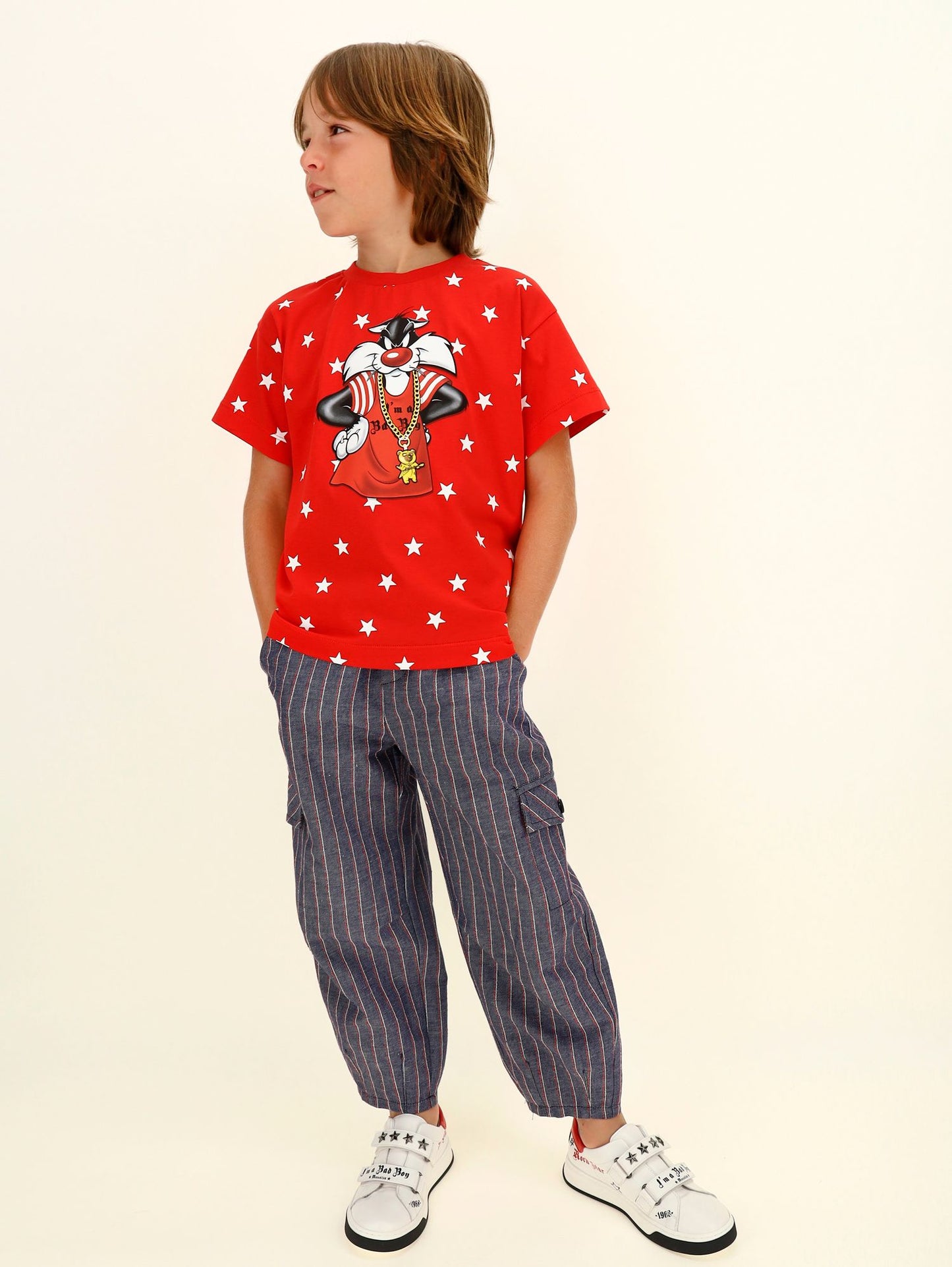 Pinstriped denim trousers