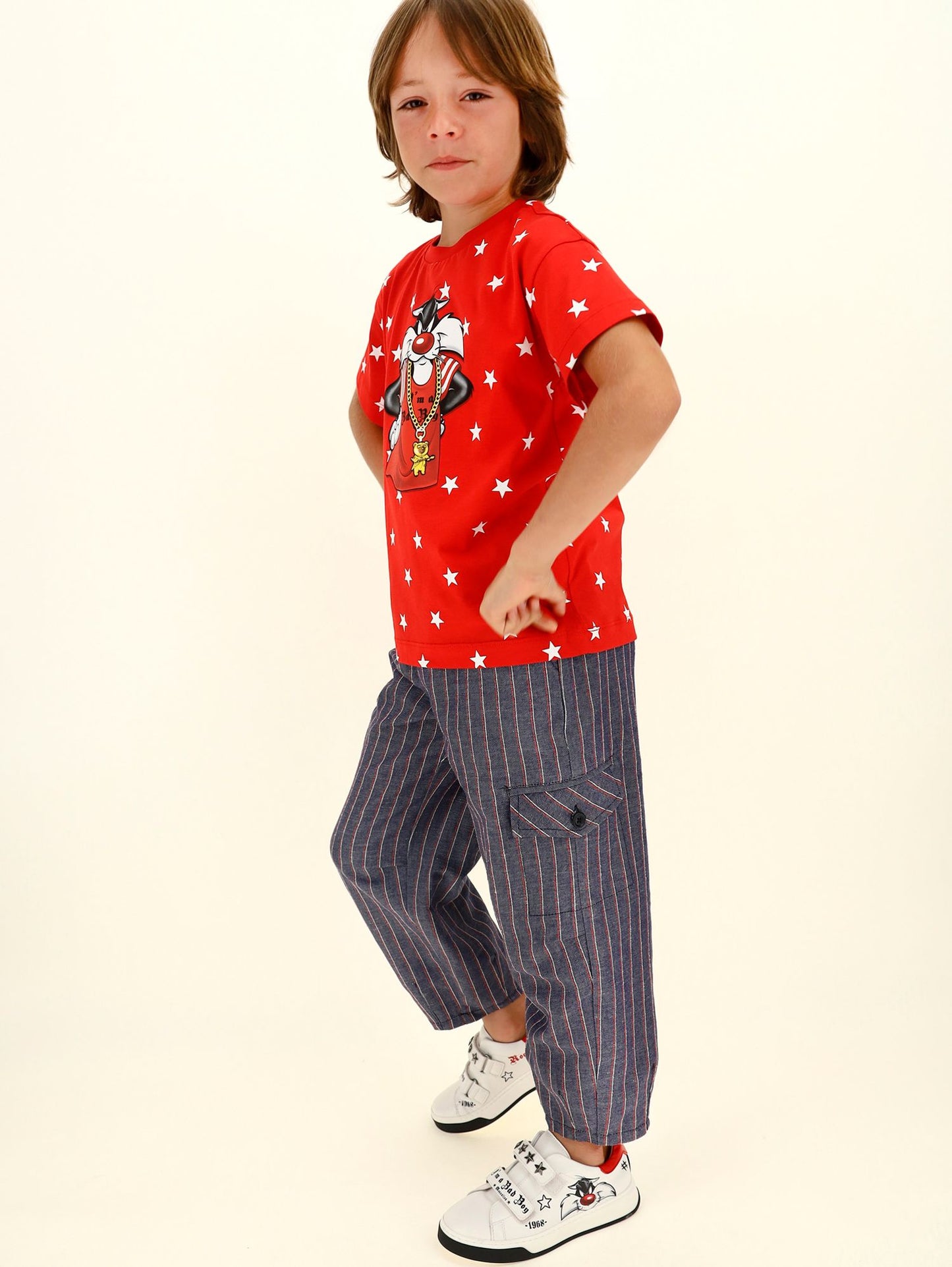 Pinstriped denim trousers