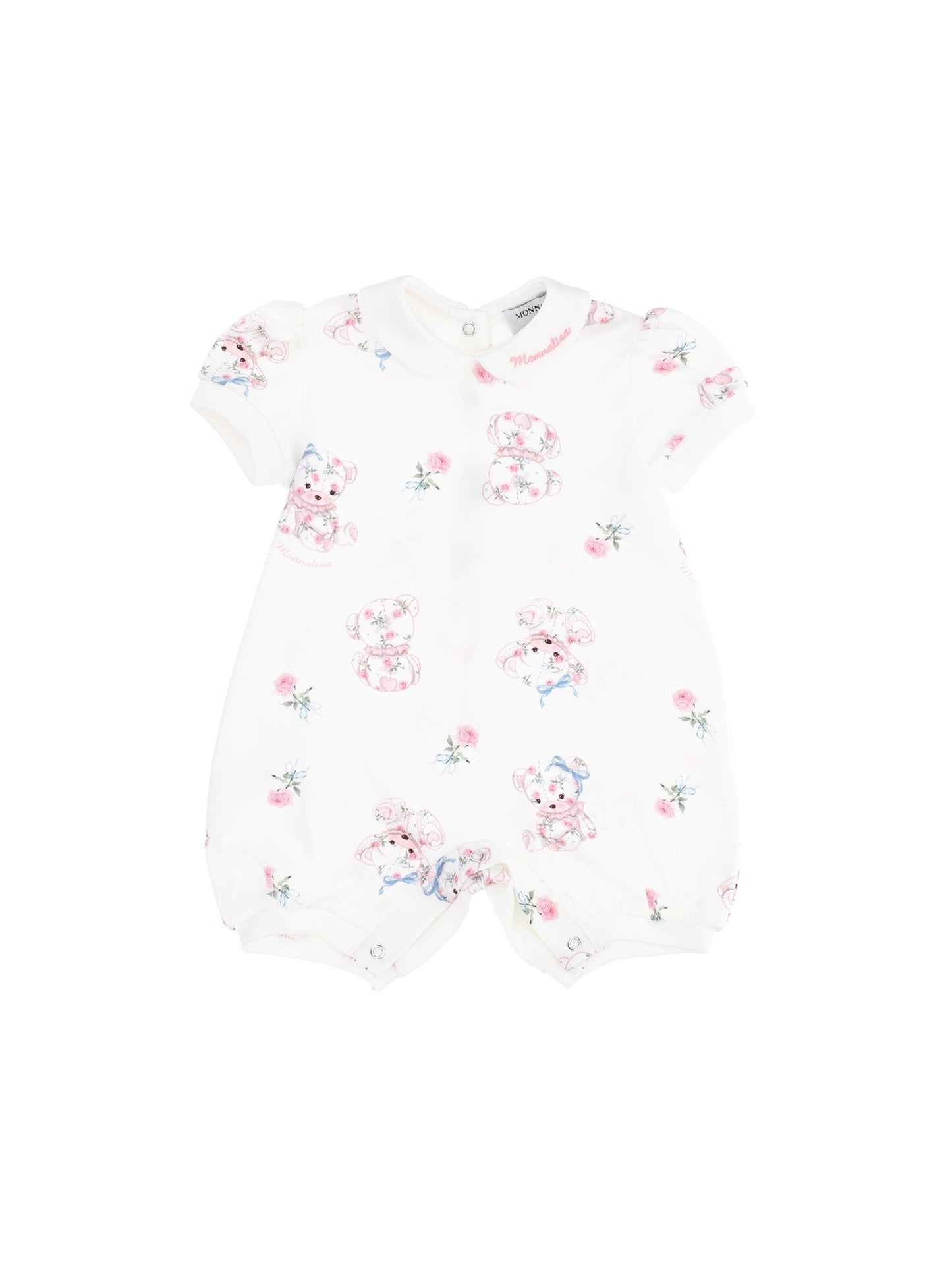 Cotton romper with teddy bear and rose print