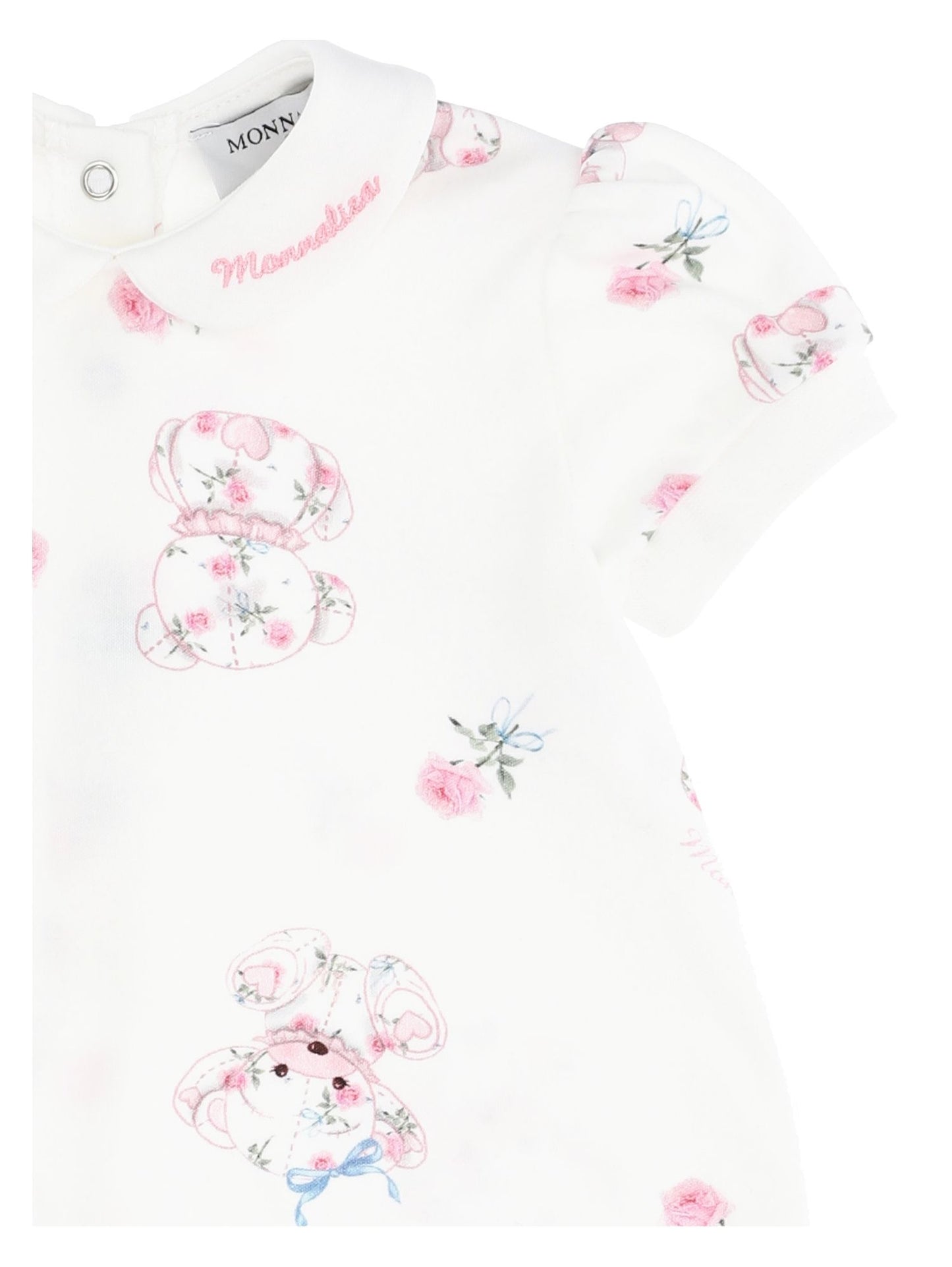 Cotton romper with teddy bear and rose print