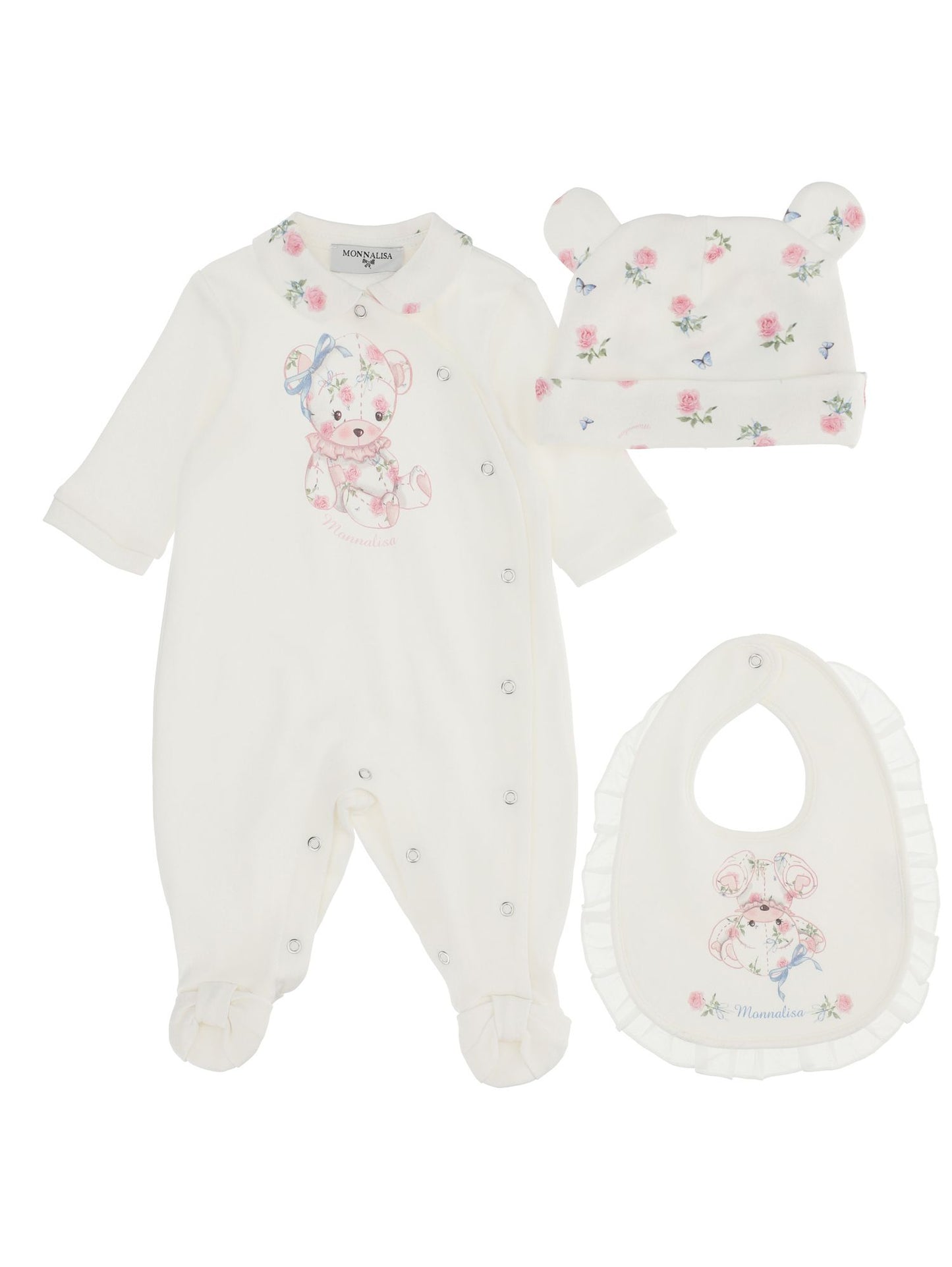 Three-piece layette set, onesie with accessories