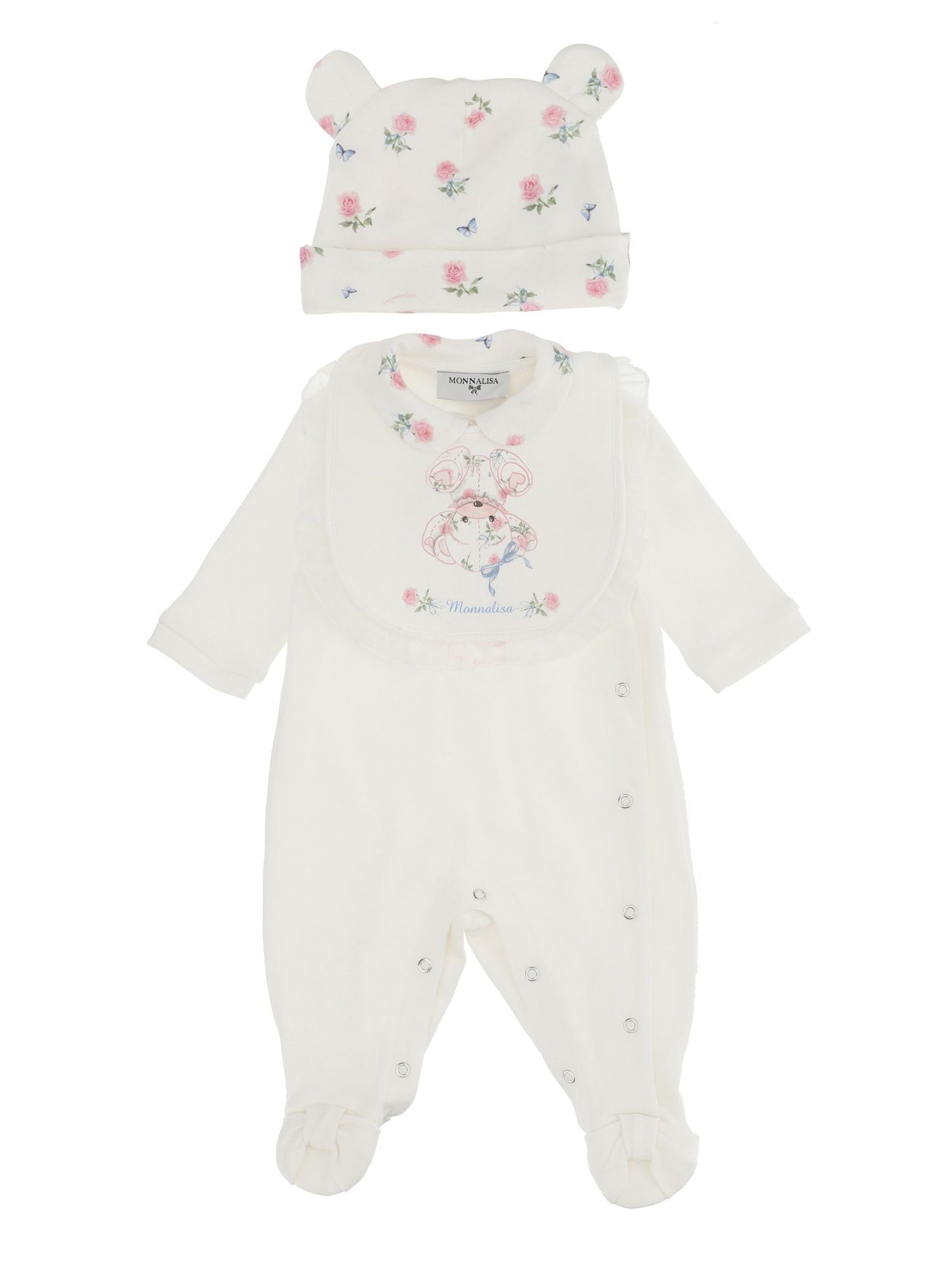 Three-piece layette set, onesie with accessories
