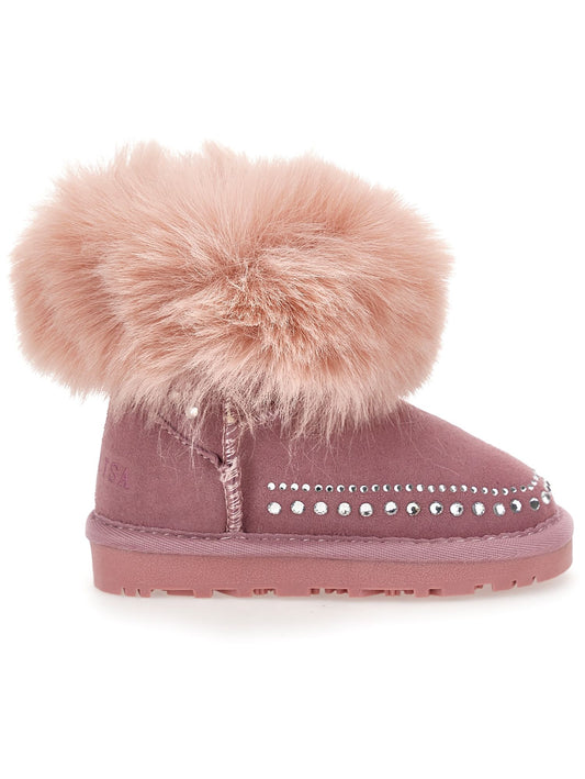 Split leather ankle boots with rhinestones