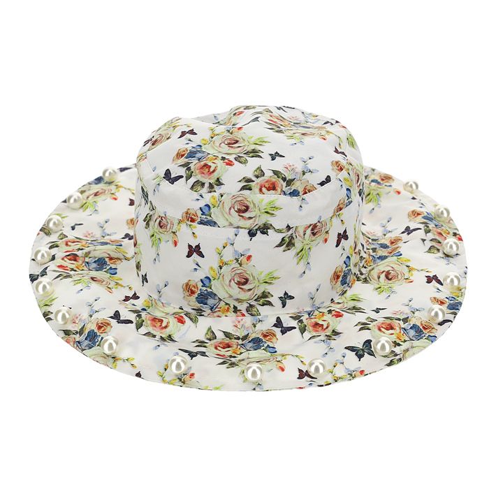 Hat with pearls on the brim