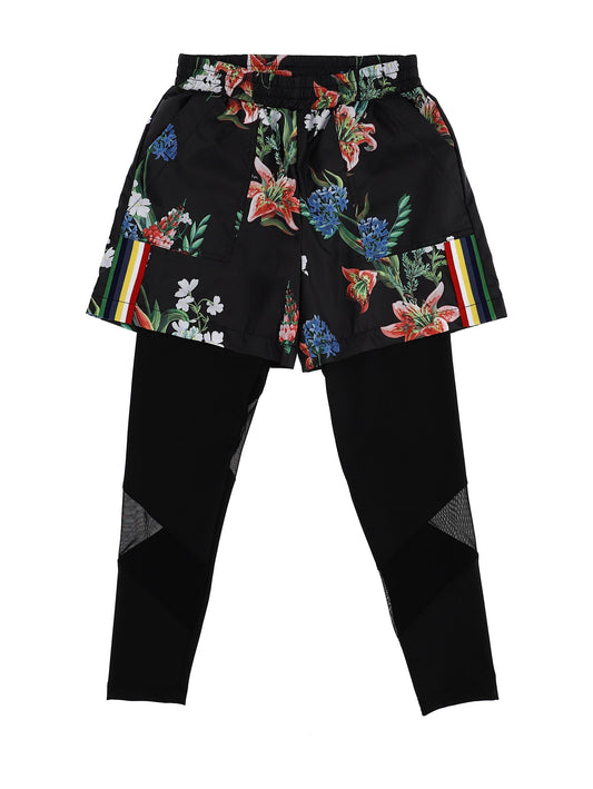 Technical fabric shorts with floral leggings