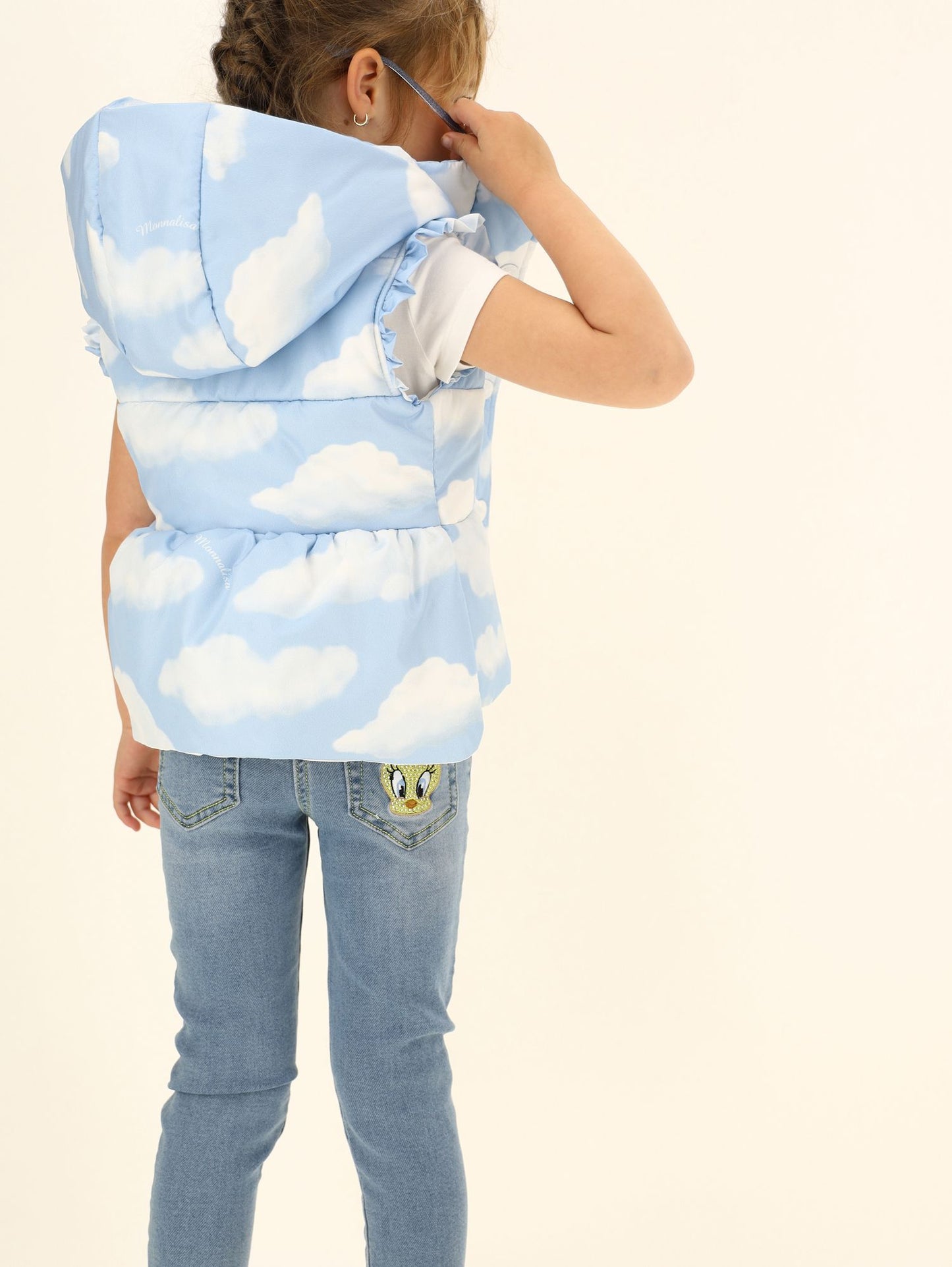 Windproof technical fabric vest with cloud print