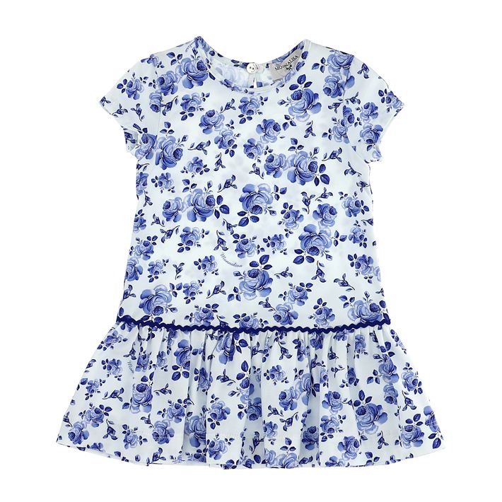 Girls' jersey dress with printed blue roses