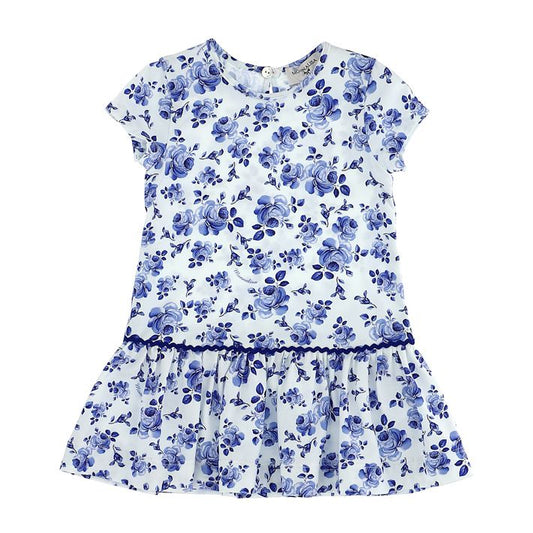 Girls' jersey dress with printed blue roses