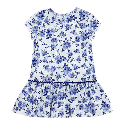 Girls' jersey dress with printed blue roses