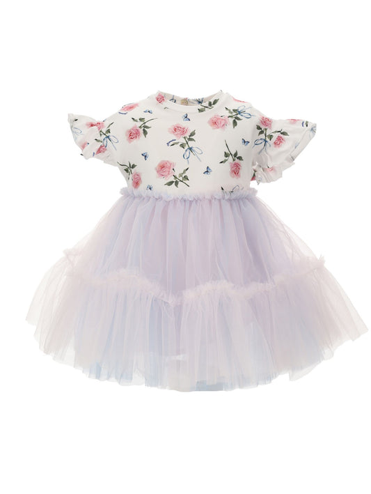 Jersey tulle dress with rose print