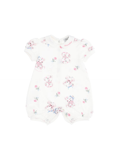 Cotton romper with teddy bear and rose print