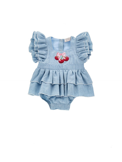 Chambray romper with trim