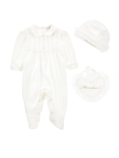 Three-piece suit with ruffles