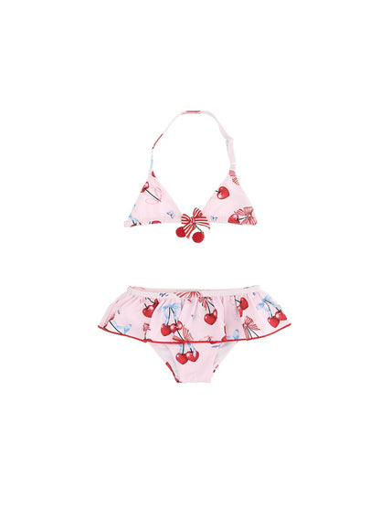 Stretch bikini with cherry print and ruffles