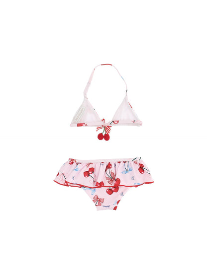 Stretch bikini with cherry print and ruffles