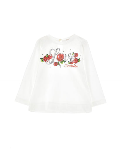 T shirt jersey stampa rosa strass